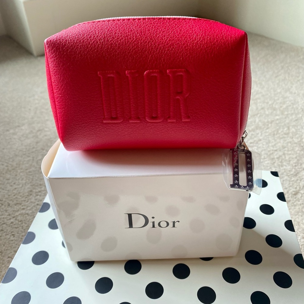 NIB CHRISTIAN DIOR Logo Cosmetic Makeup Pouch Bag 100% Polyurethane Red Silver